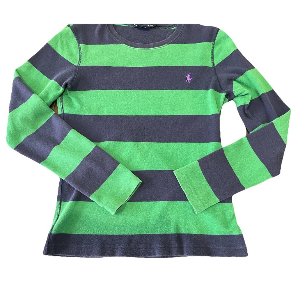 Ralph Lauren Sport Women's Green Blue Stripe Long-sleeve T- Shirt Large Y2K